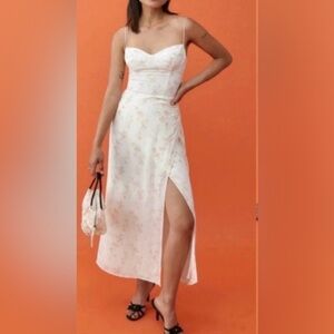 Reformation Moonsea Midi Dress Low Cut Revealing Leg Slit Floral in cream Size 2